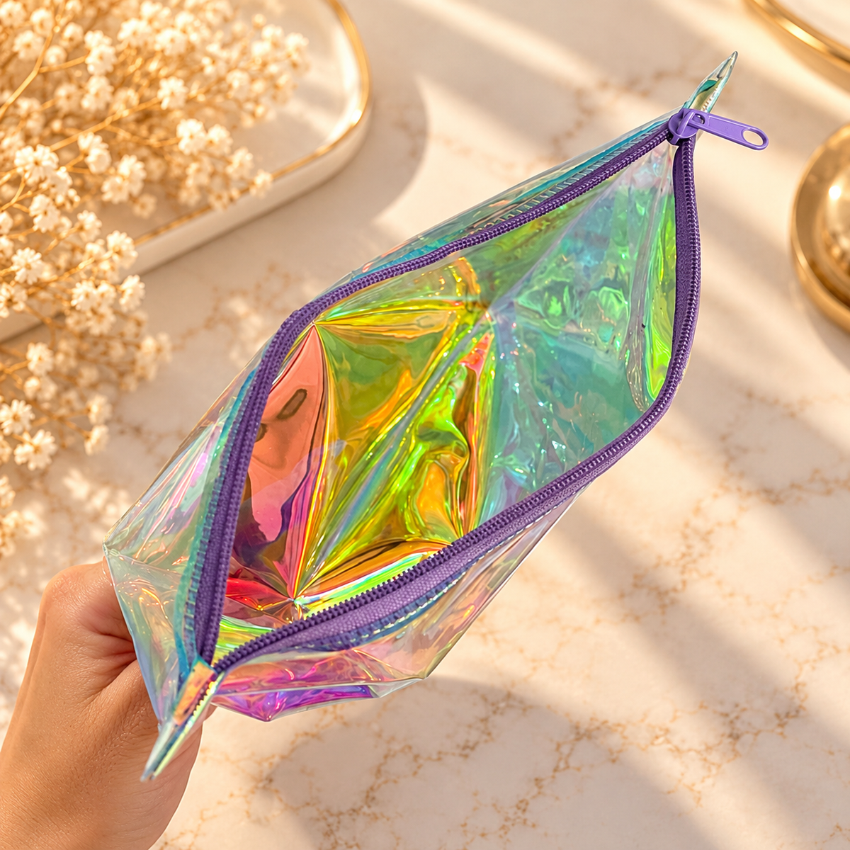 SHEGLAM Iridescent Holographic Cosmetic Pouch – Rainbow Makeup Bag