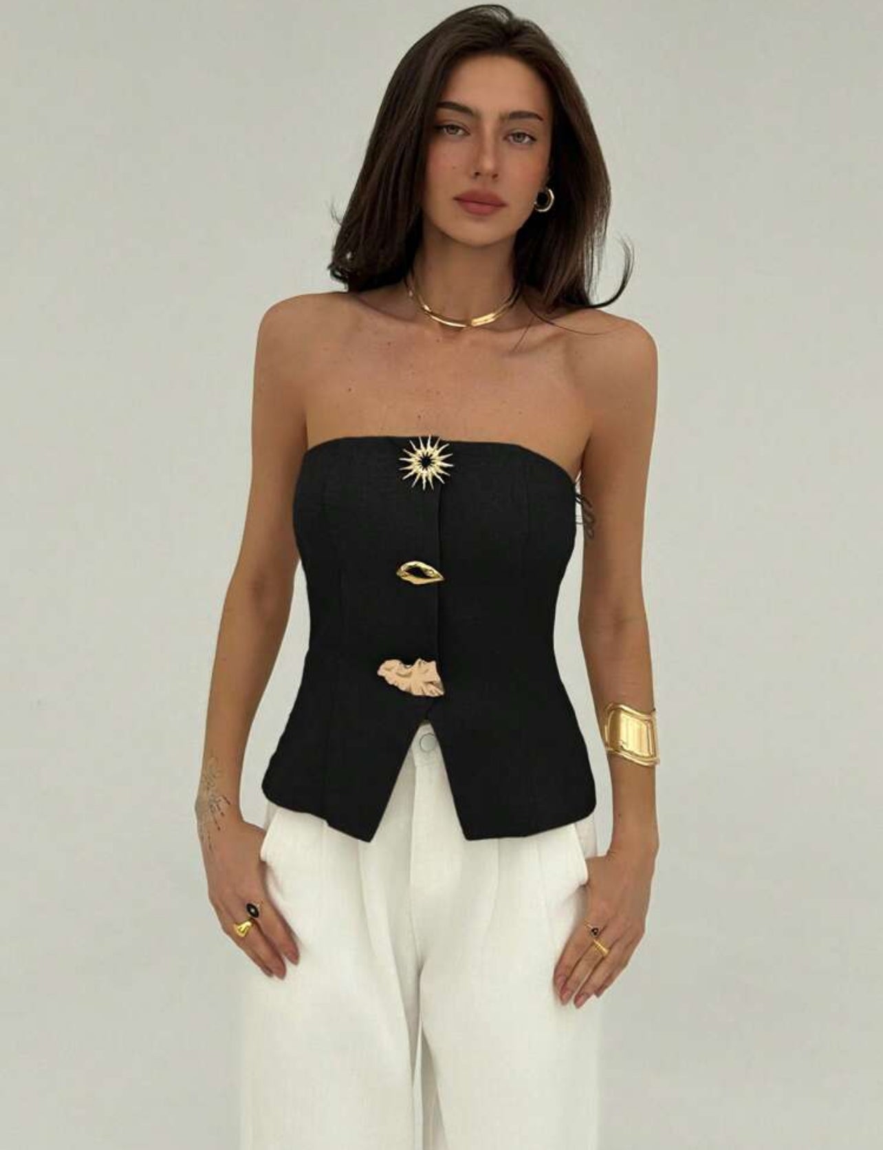 SHEIN Aloruh Office Wear Modern Metal Button Decor Bandeau Women Blouse - M,L