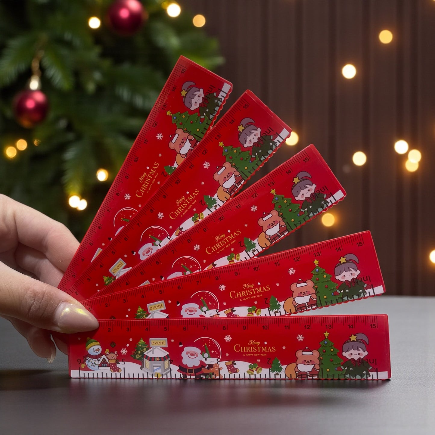 5Pcs Christmas Red Plastic Ruler Set - 15Cm