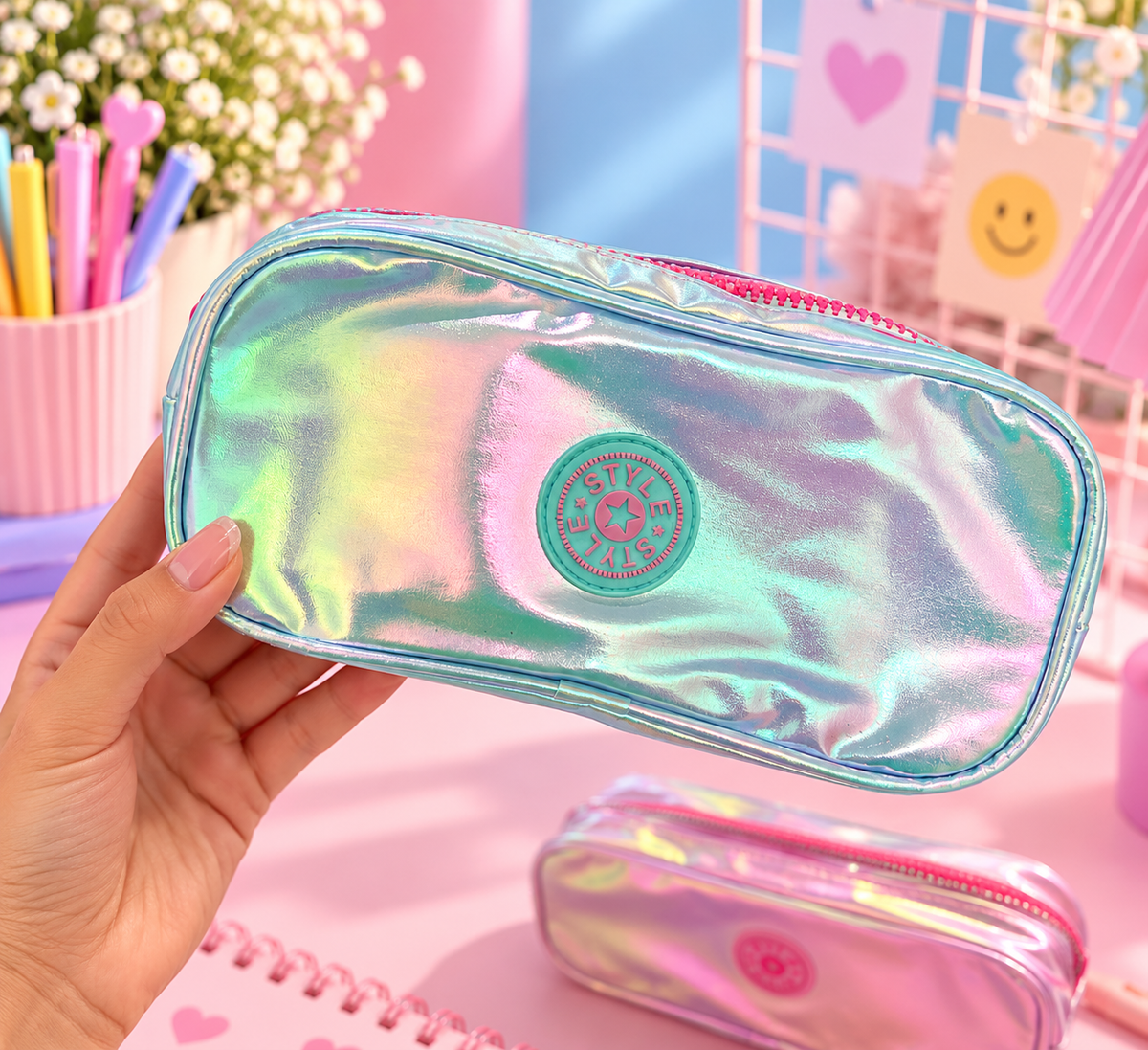 Holographic Double-Zip Pencil Case – Iridescent Pink & Blue