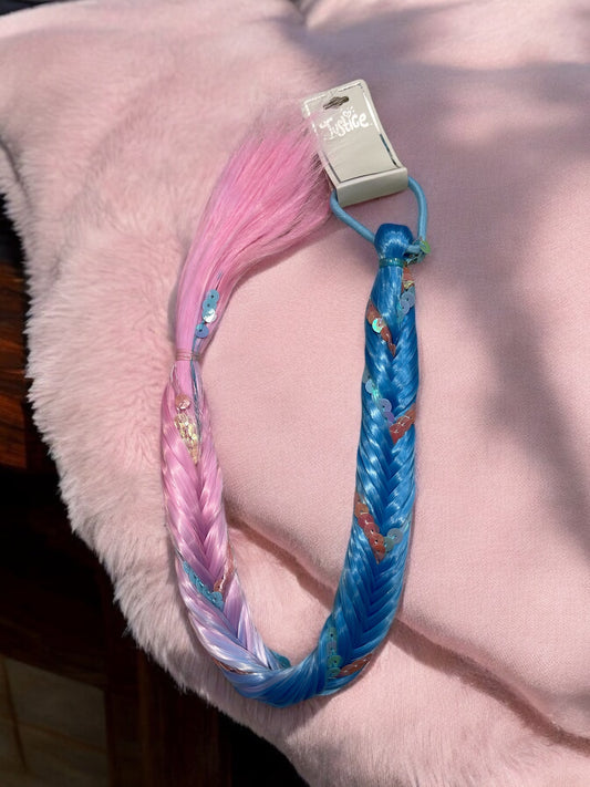 2Pcs Justice Blue Pink Sequin Faux Hair Piece Ponytail Braid Halloween Costume Birthday Advertise