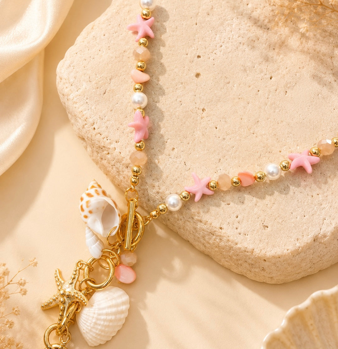Beachy Seashell & Starfish Charm Necklace – Colorful Beaded Statement Necklace