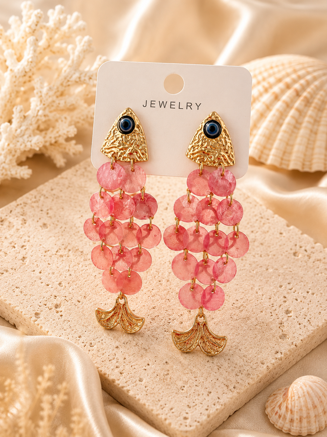 Mermaid Disc Tassel Earrings with Evil Eye Stud – Gold Statement Earrings