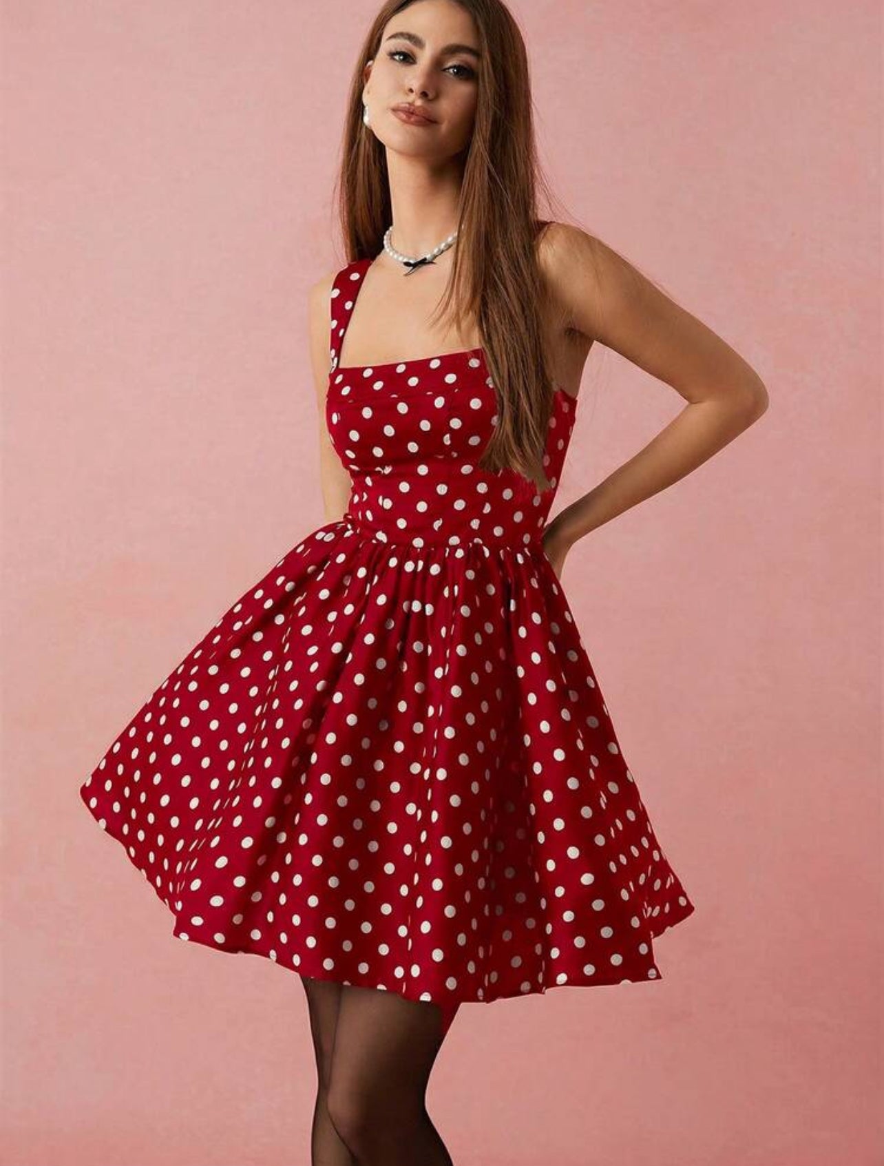 Enchnt Women's Red And White Polka Dot Square Neck Sleeveless Short Dress,Vintage Tea Party Summmer Elegant Birthday Graduation Wedding Party Dress - S,M