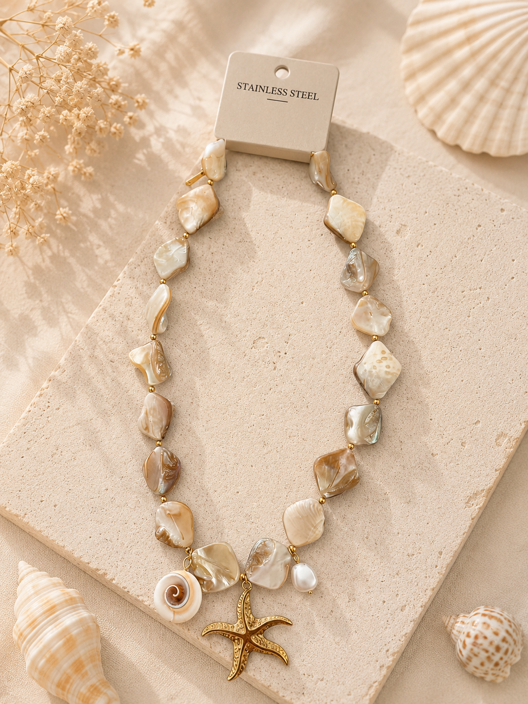 Coastal Shell & Starfish Pendant Necklace – Natural Shell Statement Beach Necklace