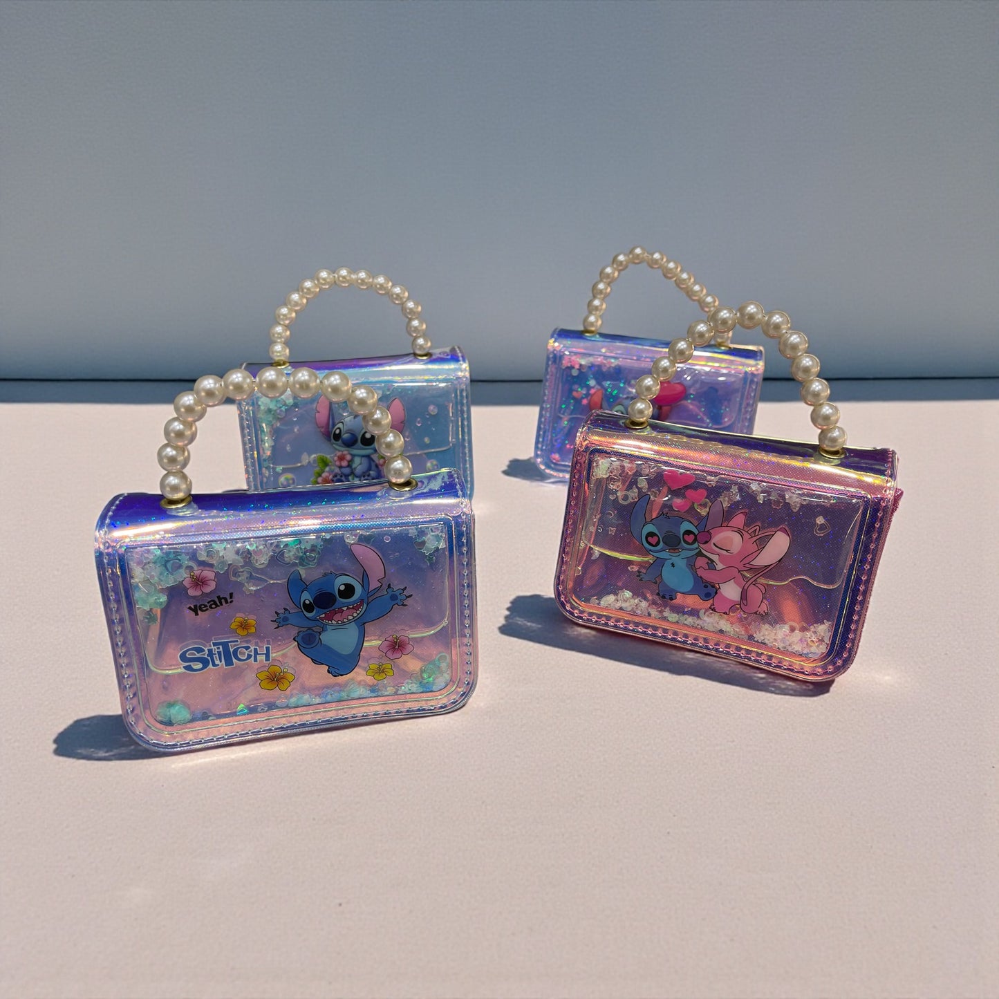 Holographic Glitter Kids Handbag with Pearl Handle – Cute Stitch & Angel Cartoon Design