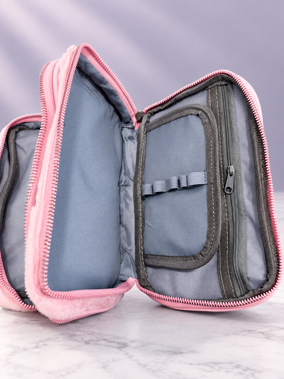 Fuzzy Star Print Double Compartment Pencil Case – Pink & Lavender