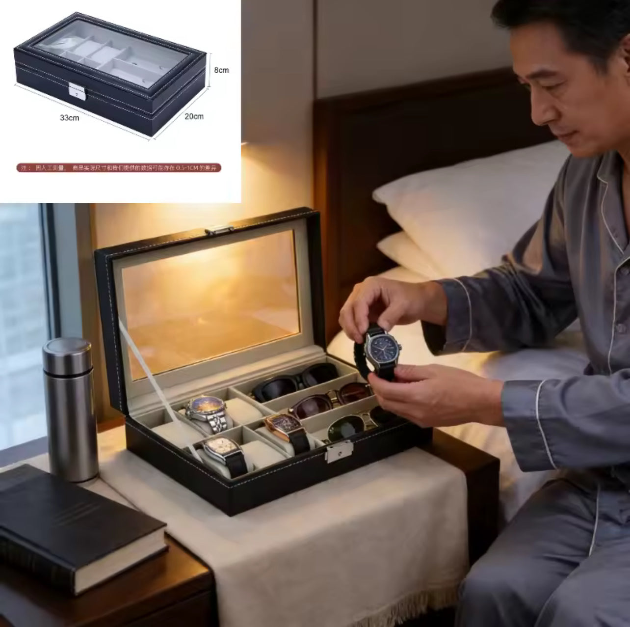 Leather Watch Box with Glass Top Deluxe Watch Case Organizer