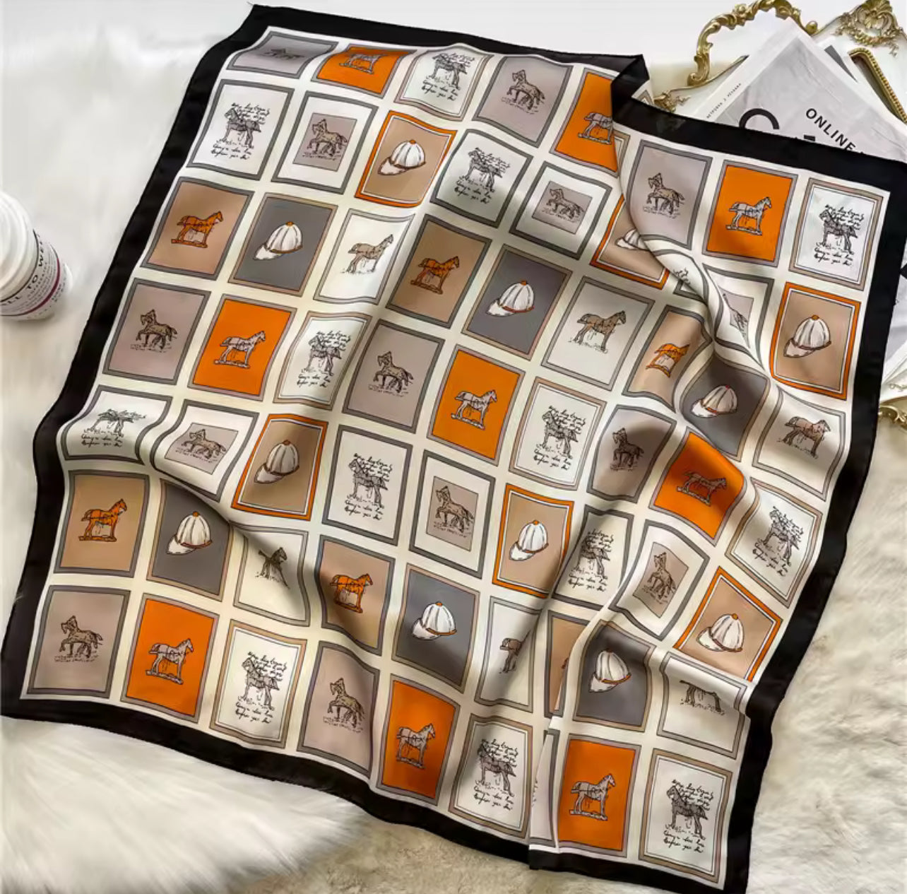 Grid Horse Print Square Scarf Simulated Silk Neck Scarf Stylish Sunscreen Headscarf For Women