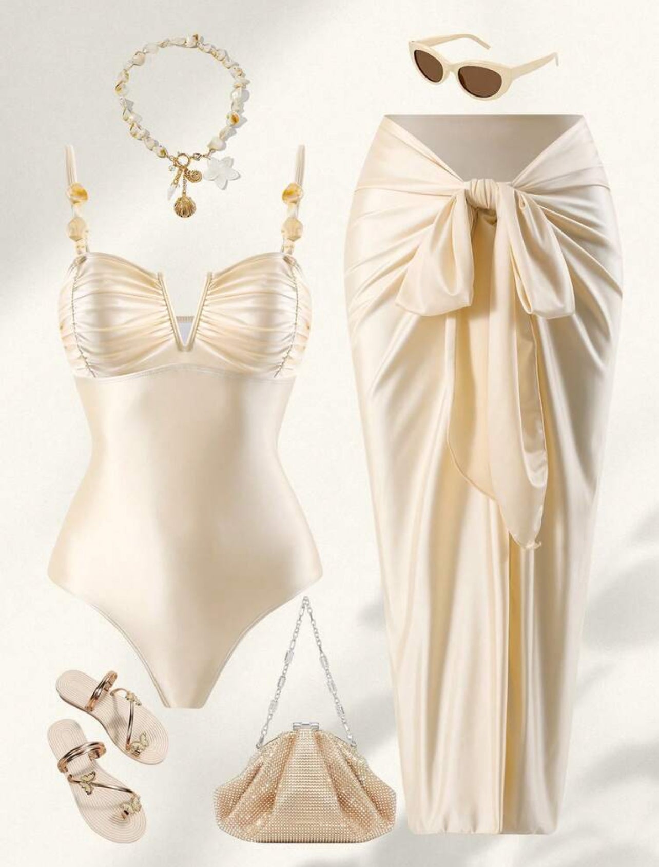 Swim Oasis 2026 New Women's Summer Beach Vacation High-End Beaded V-Neck Pleated Strapless Backless Solid Color Apricot Round High-Cut One-Piece Swimsuit With Long Skirt Side Tie - Large