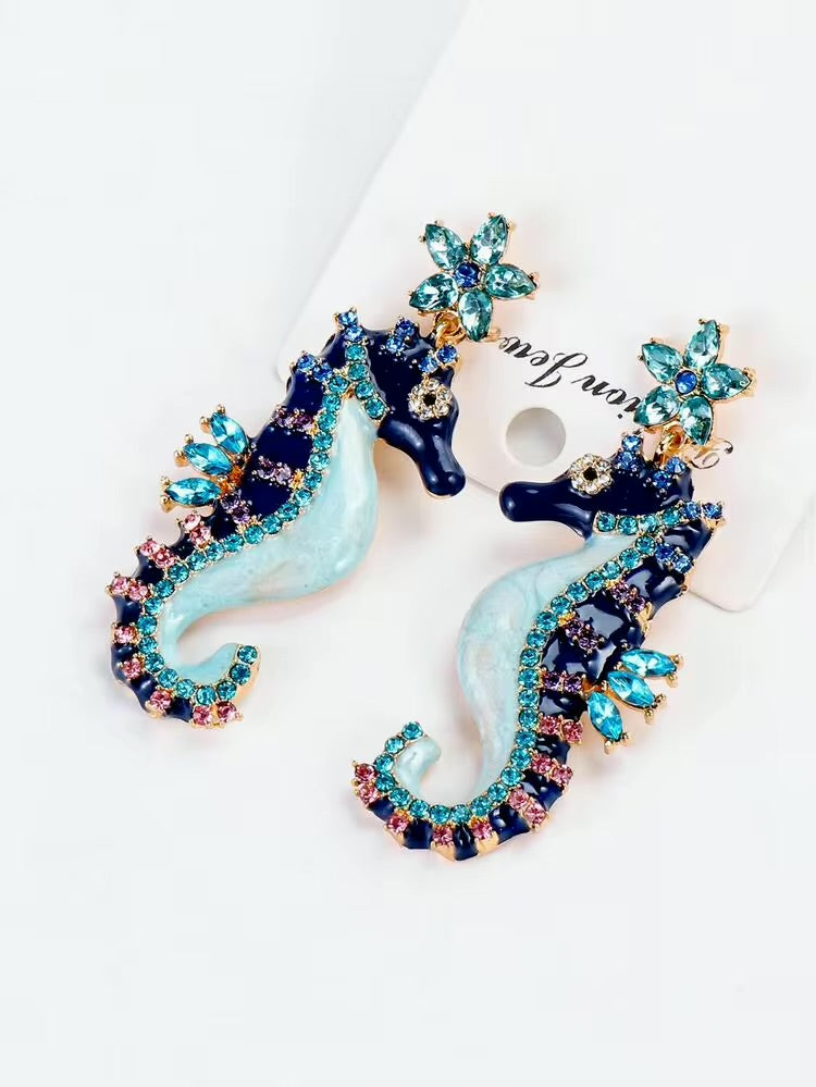 juran Rhinestone Decor Seahorse Drop Earrings
