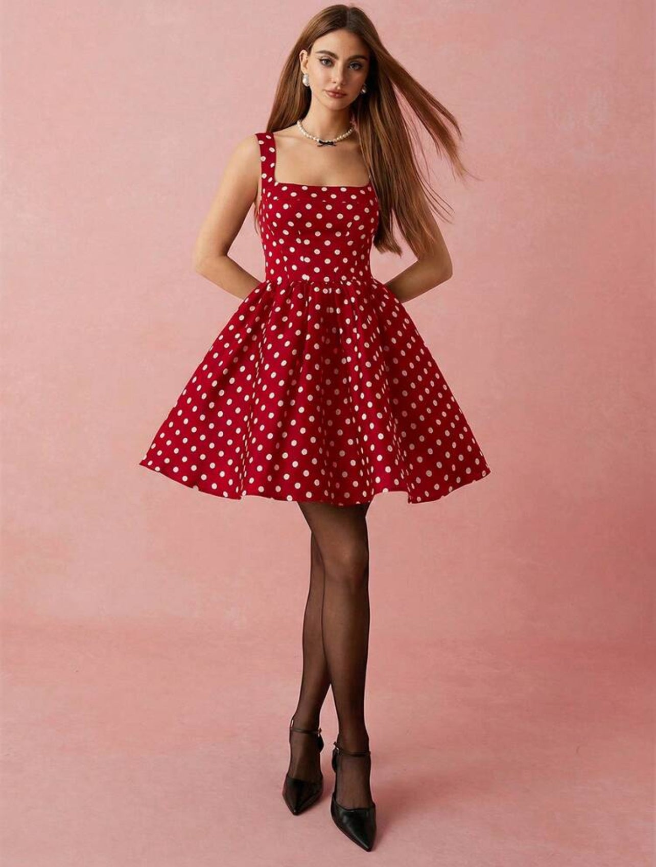 Enchnt Women's Red And White Polka Dot Square Neck Sleeveless Short Dress,Vintage Tea Party Summmer Elegant Birthday Graduation Wedding Party Dress - S,M
