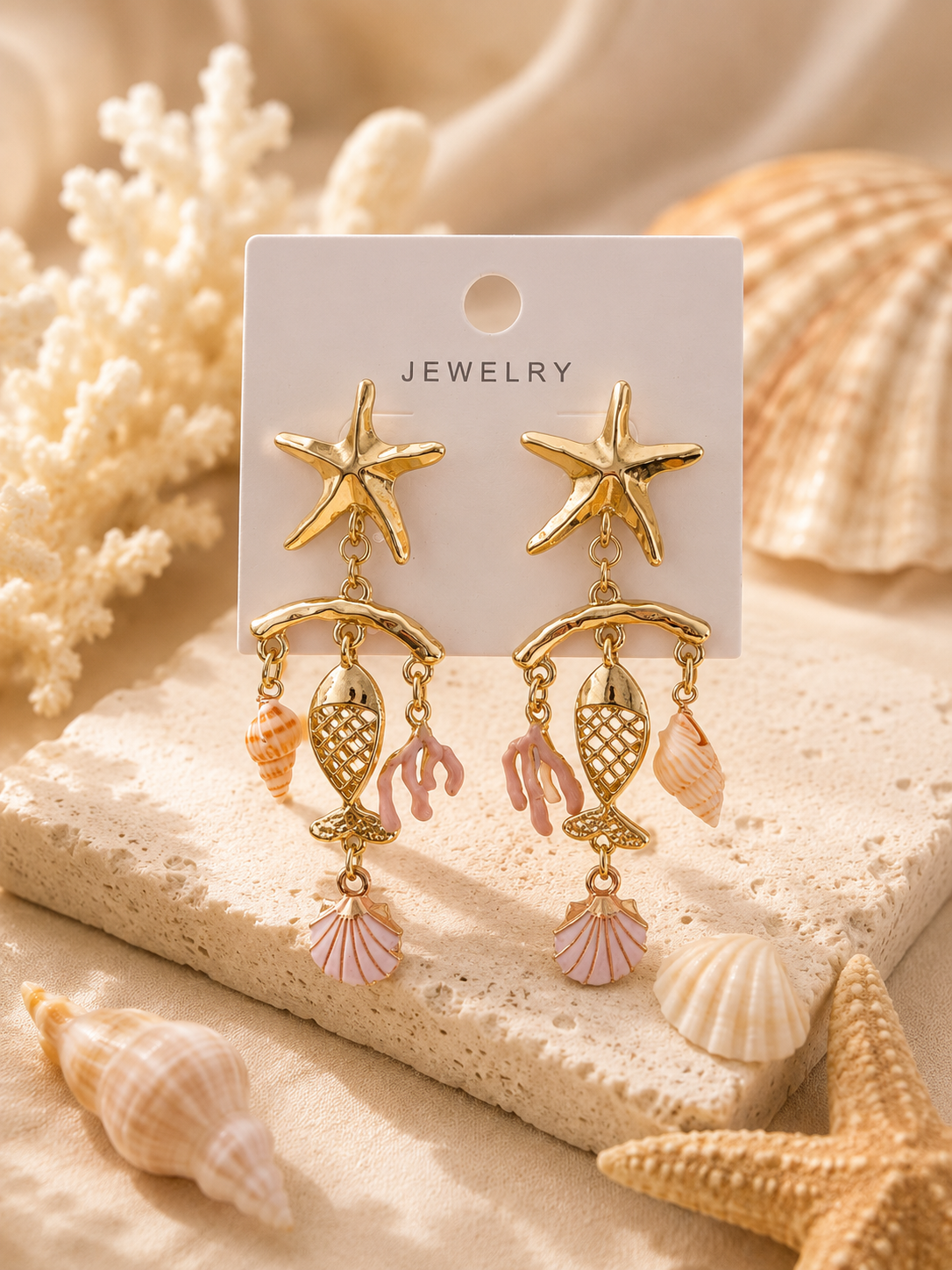 Ocean Charm Starfish & Shell Statement Earrings – Gold Tone