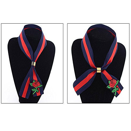 Navy & Red Striped Floral Embroidered Ribbon Scarf