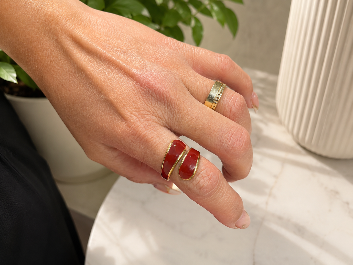 Trending Red Enamel Ring – Gold-Tone Stainless Steel (Free Size Adjustable)