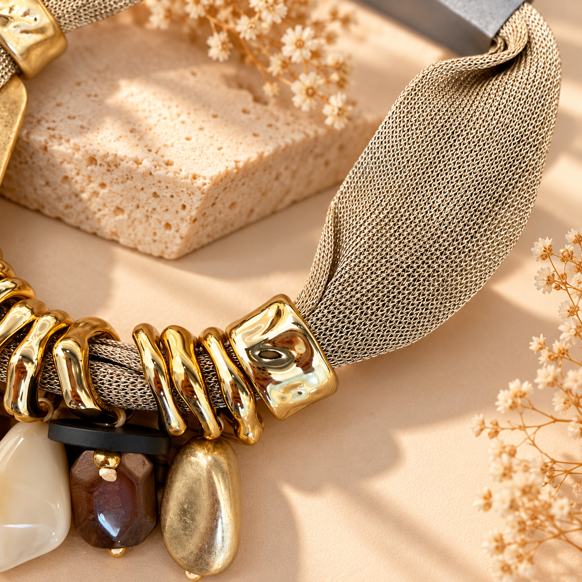 Elegant Statement Necklace – Gold & Beige Beaded Pendant Necklace