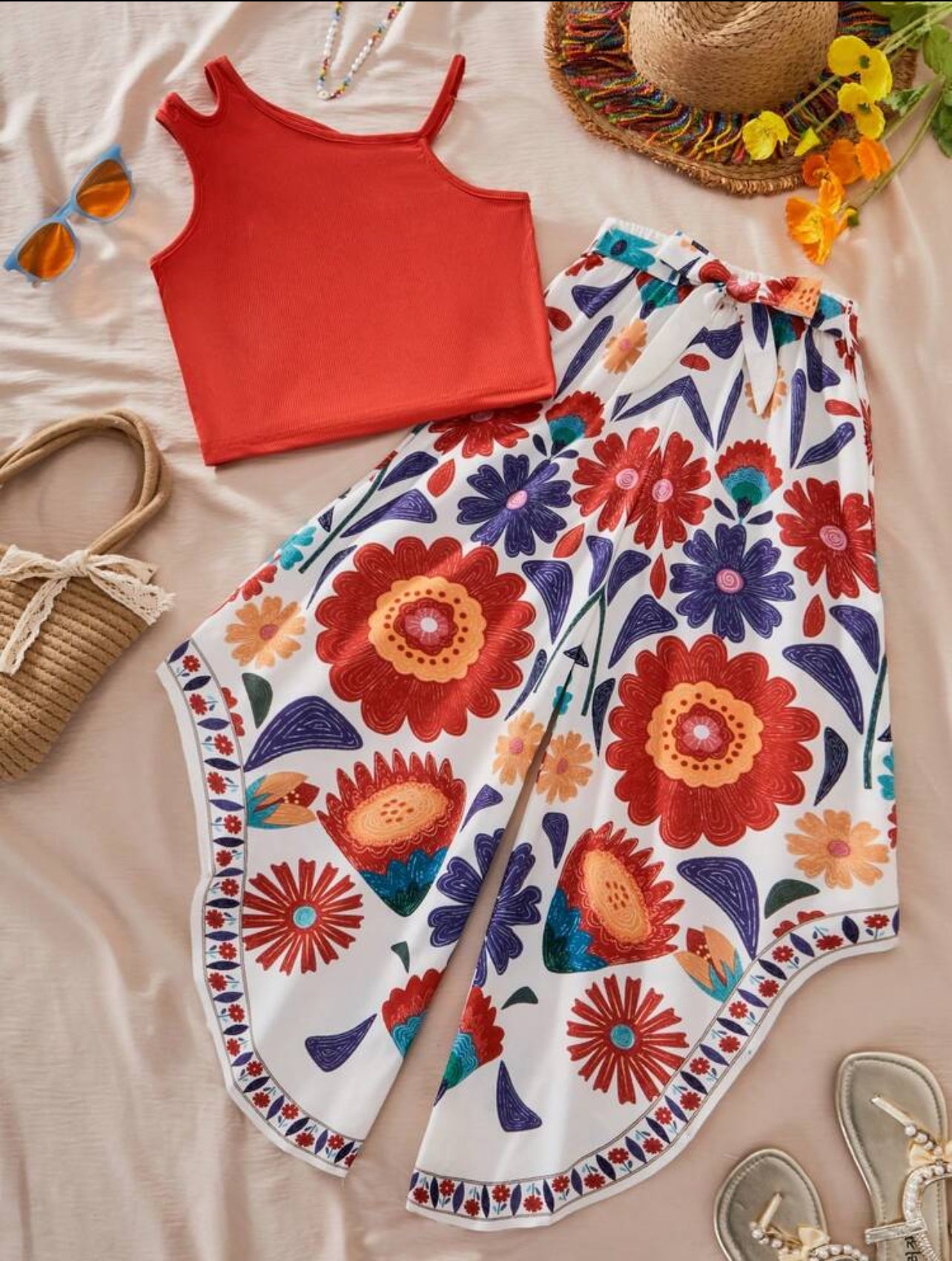 Tween Girls 2pcs/Set Casual Daily Outfit,Solid Color Asymmetric Top & Floral Printed Pants,White Summer Tropical Vacation Holiday Two Piece Set - 9,10 Years