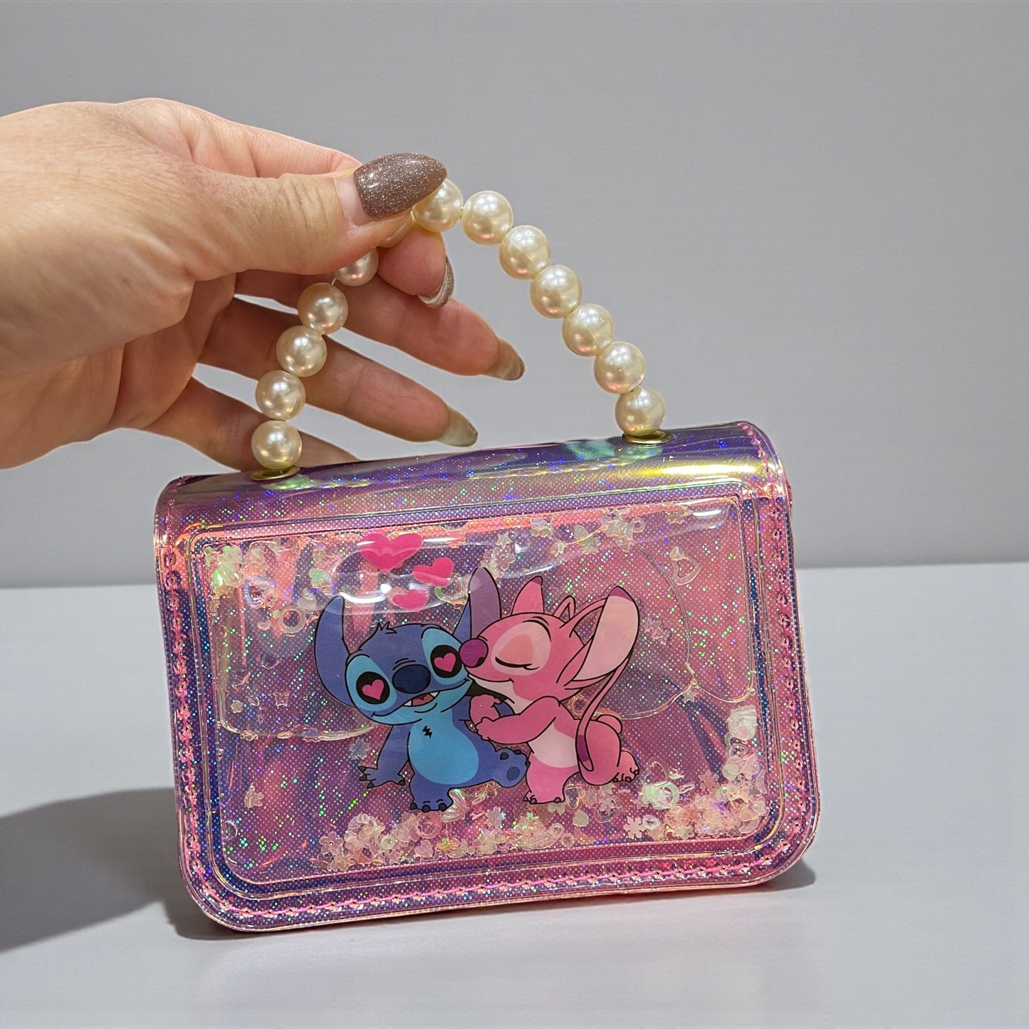 Holographic Glitter Kids Handbag with Pearl Handle – Cute Stitch & Angel Cartoon Design