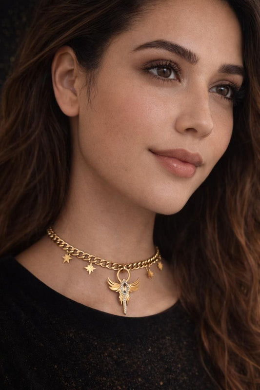 Gold Star Charm Necklace with Angel Wing Pendant – Stainless Steel 304