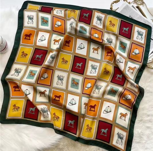 Grid Horse Print Square Scarf Simulated Silk Neck Scarf Stylish Sunscreen Headscarf For Women