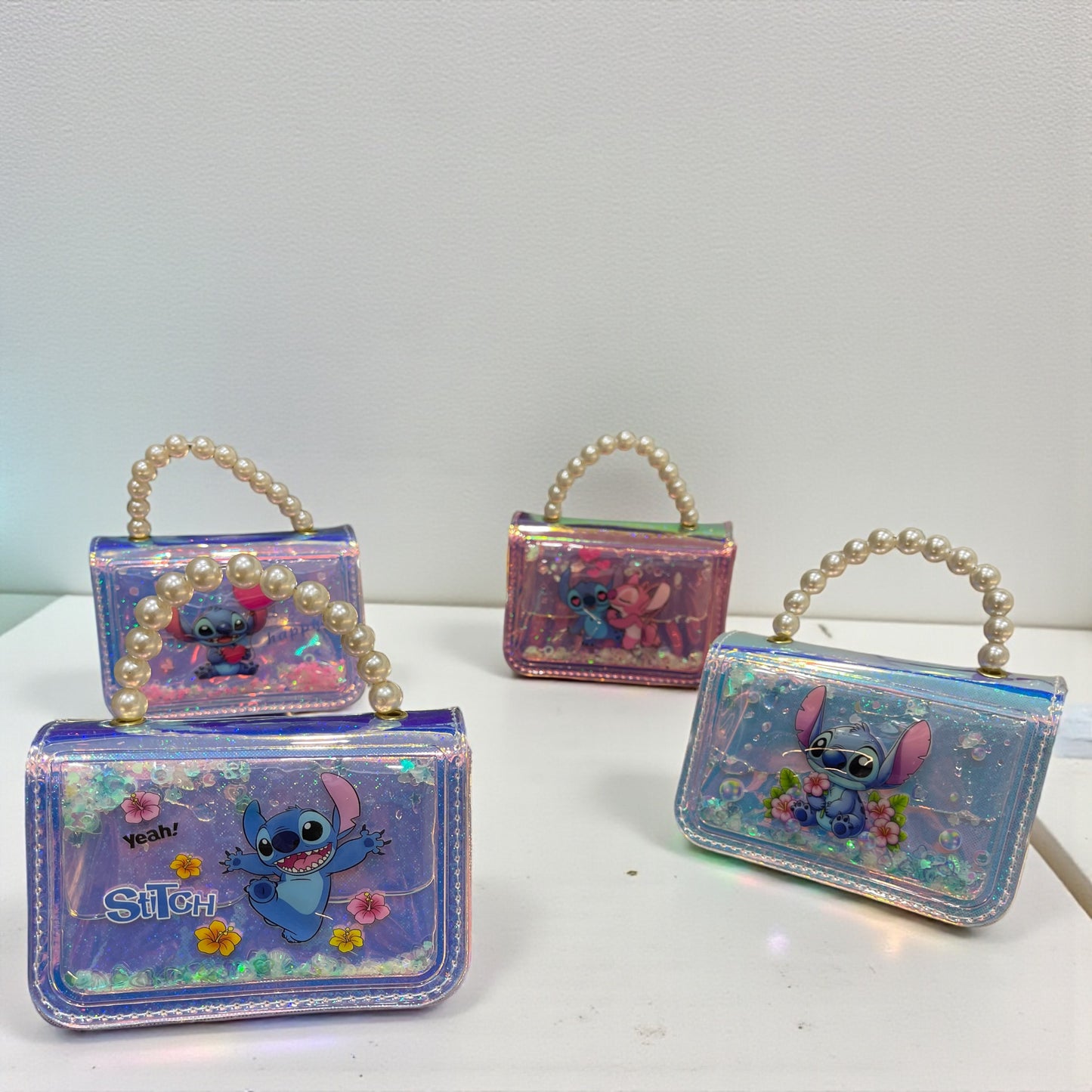 Holographic Glitter Kids Handbag with Pearl Handle – Cute Stitch & Angel Cartoon Design