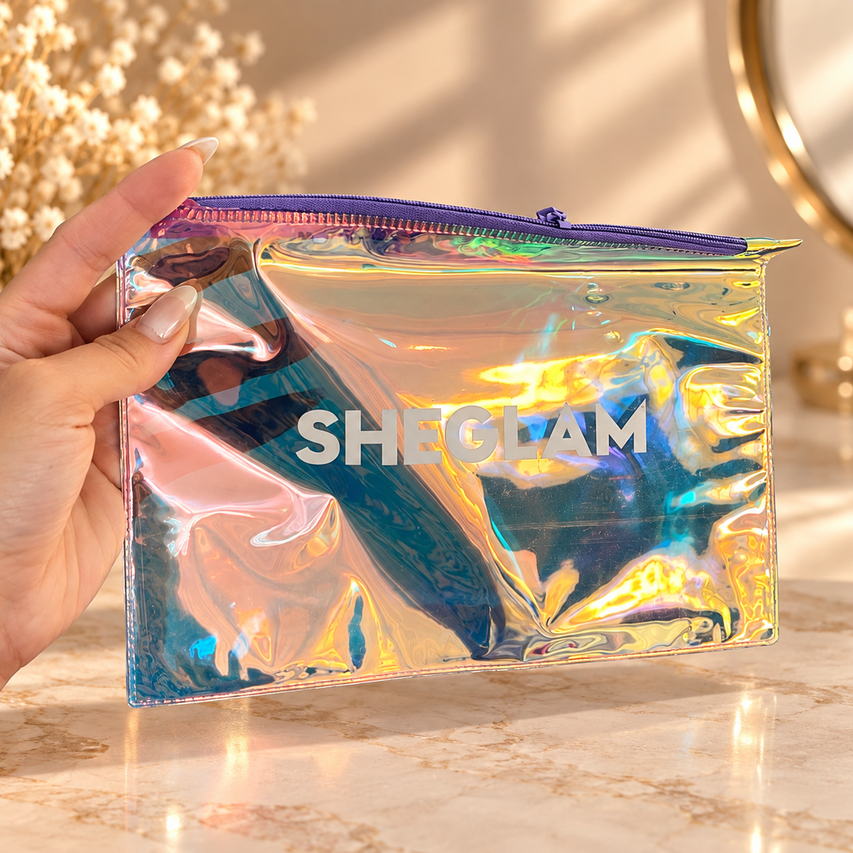SHEGLAM Iridescent Holographic Cosmetic Pouch – Rainbow Makeup Bag