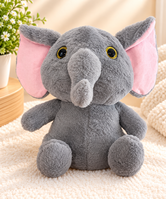 Cute Grey Plush Elephant with Pink Ears – Soft Stuffed Toy