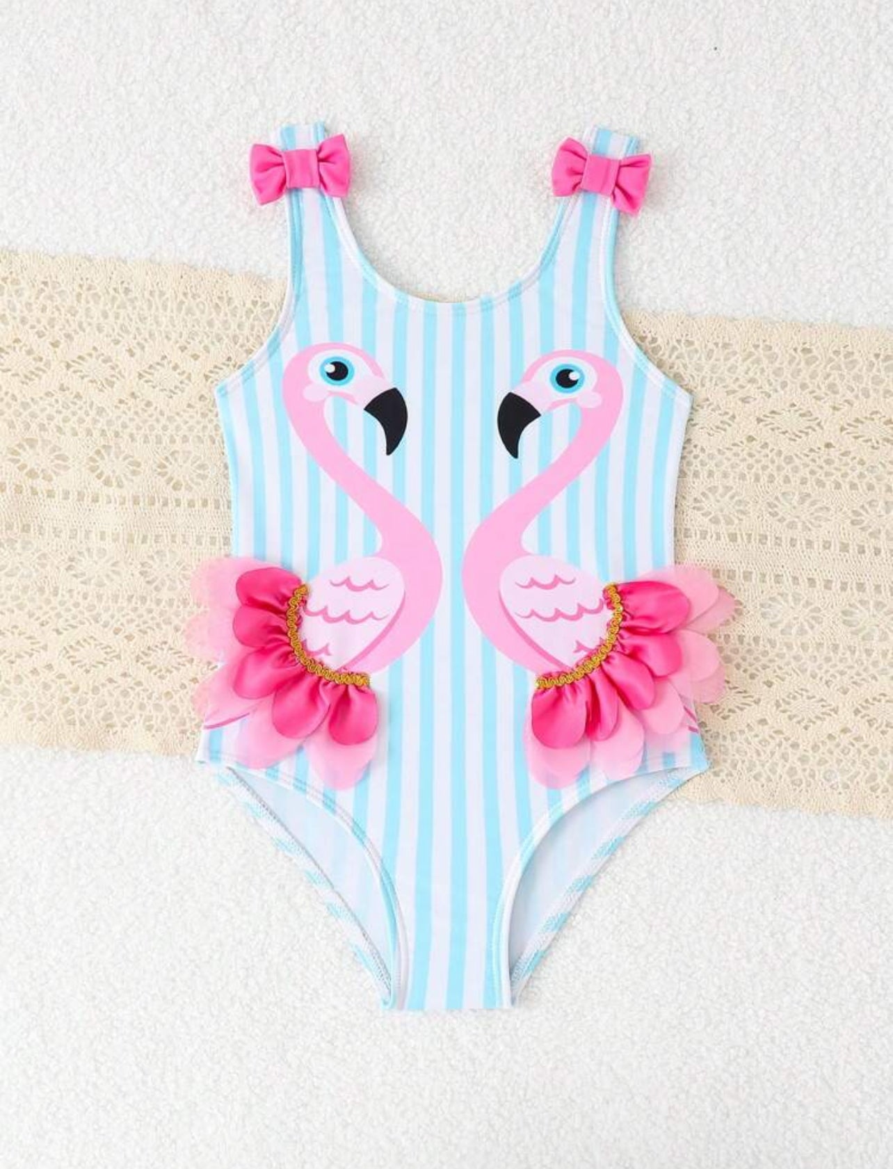 SHEIN Young Girl Flamingo Striped Sleeveless Backless One-Piece Swimsuit, Cute Bow Strap Design, Summer Beach Summer Holiday - 4Y