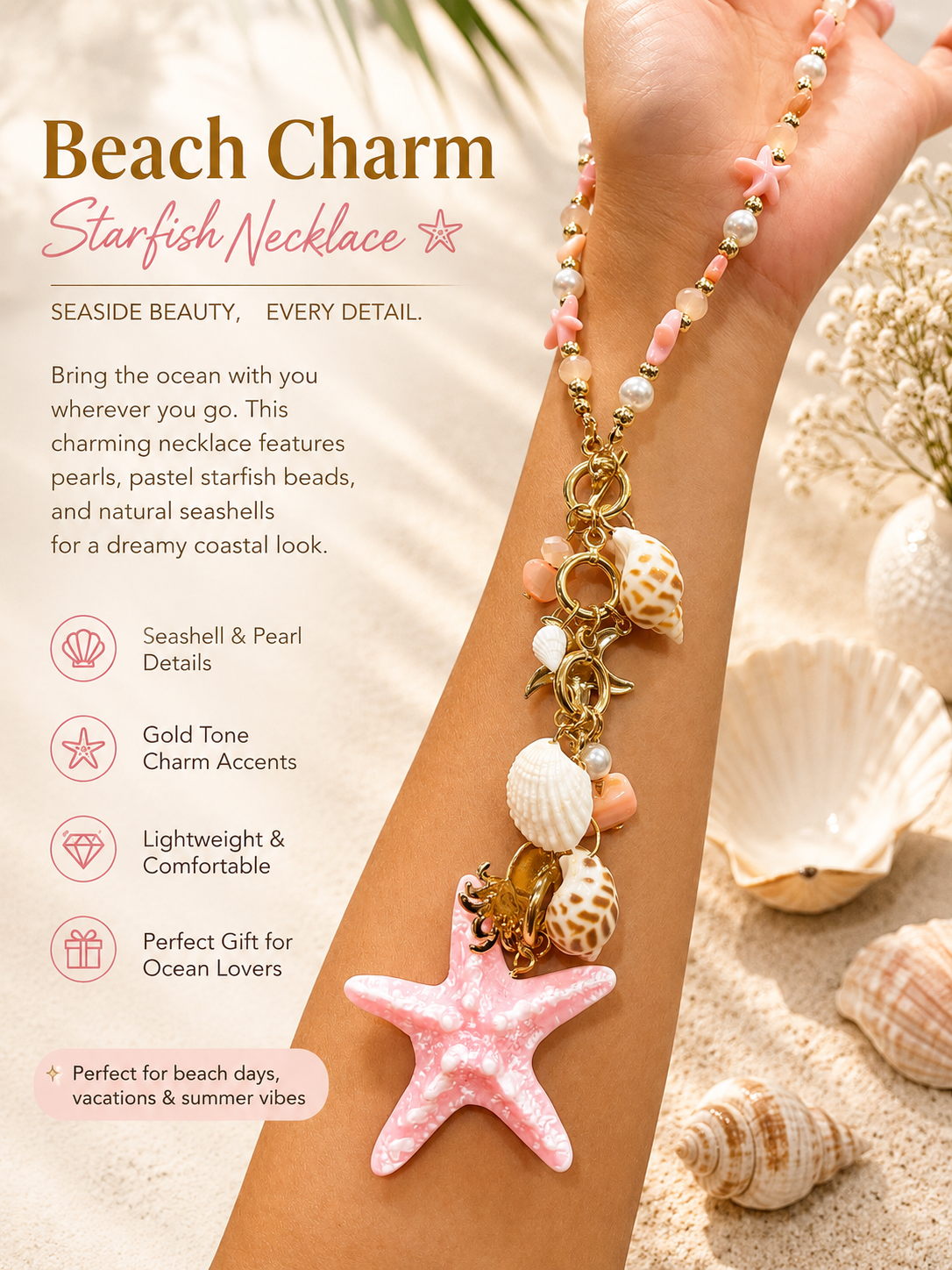 Beachy Seashell & Starfish Charm Necklace – Colorful Beaded Statement Necklace