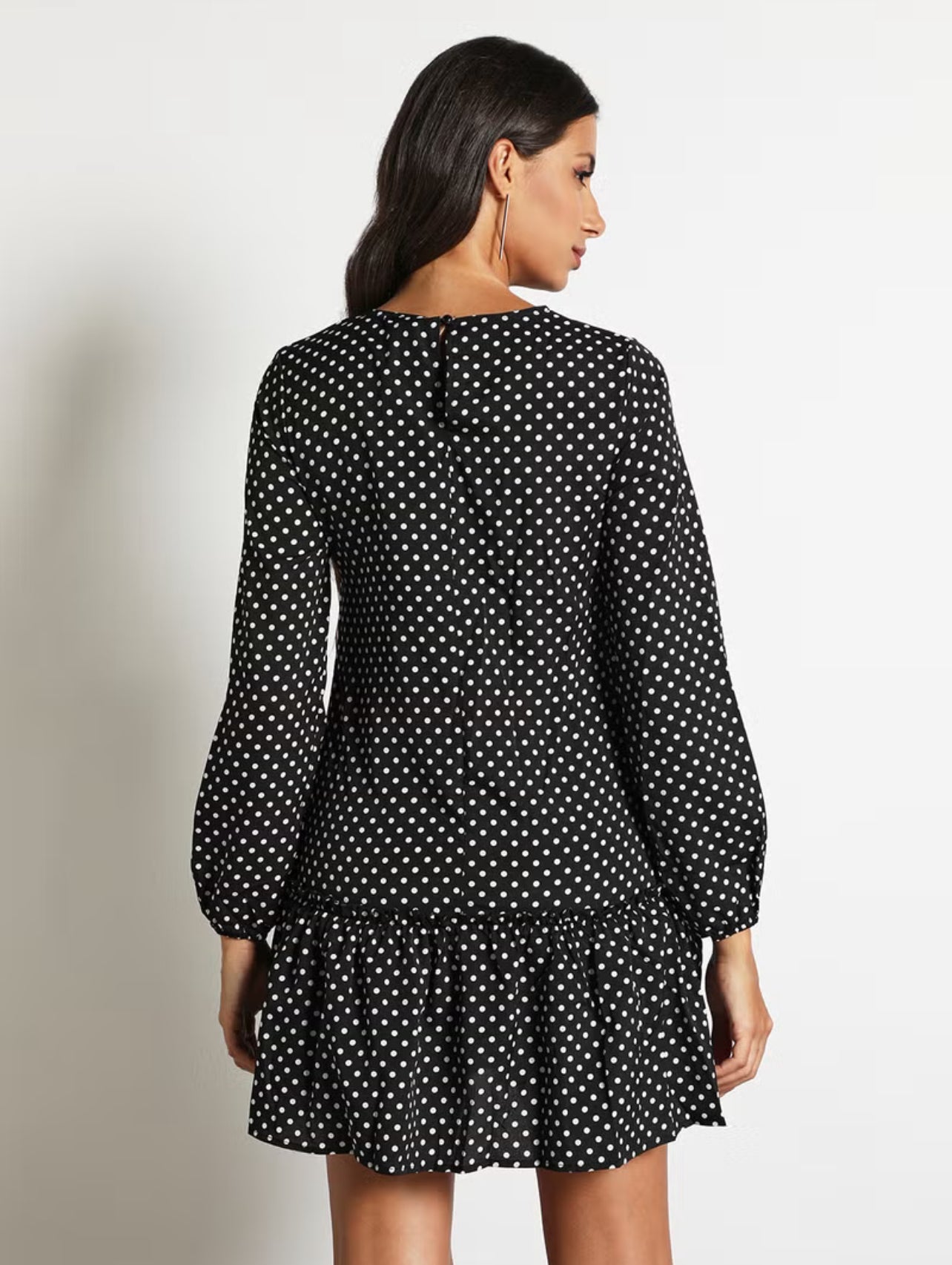 Aila Women's Dot Print Long Sleeve Falbala Bottom Hem Mini Dress Black - S