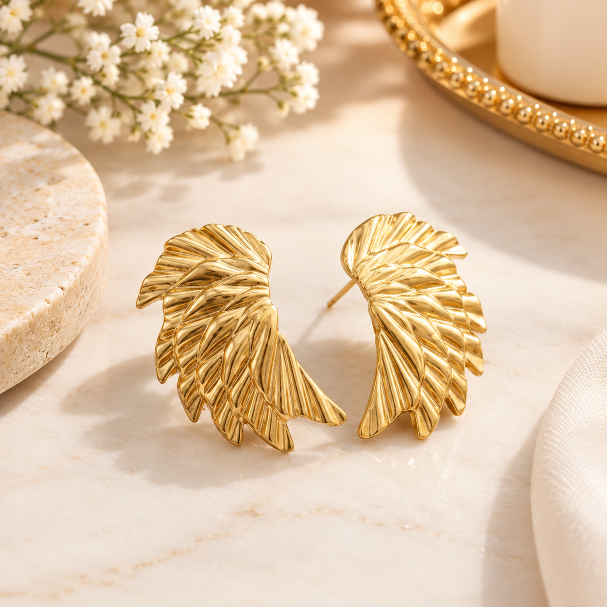 Gold Stainless Steel Feather Wing Statement Earrings
