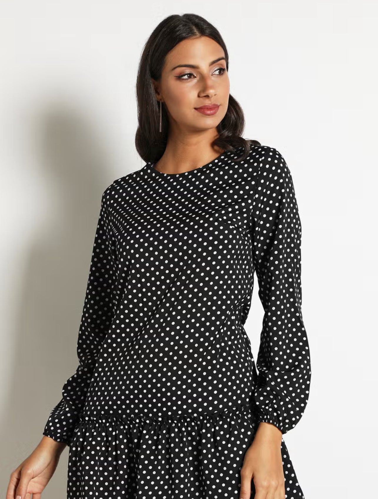 Aila Women's Dot Print Long Sleeve Falbala Bottom Hem Mini Dress Black - S