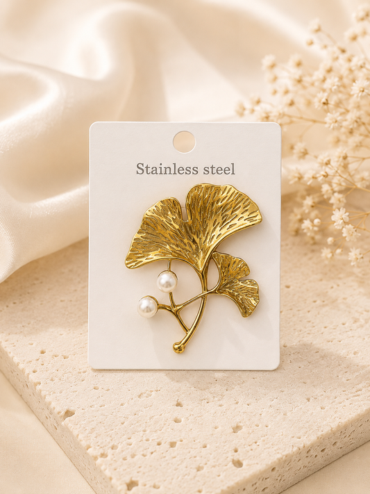 Golden Ginkgo Pearl Brooch – Stainless Steel