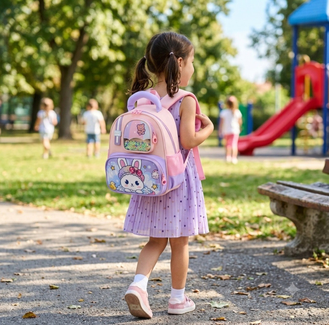 Cute Kids’ Backpack with Beaded Front Pocket – Pink Bunny School Bag