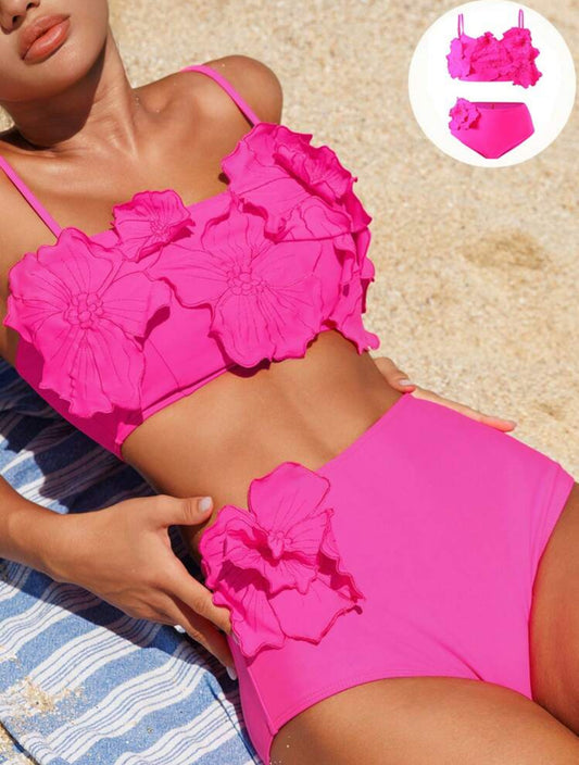 Swim Vcay Women's Summer Beach Hot Pink Solid Color 3D Flower Decorated Bikini Set Summer Two Pieces Set - Medium