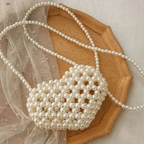 Handmade Heart-Shaped Pearl Beaded Crossbody Bag Elegant Mini Party Purse