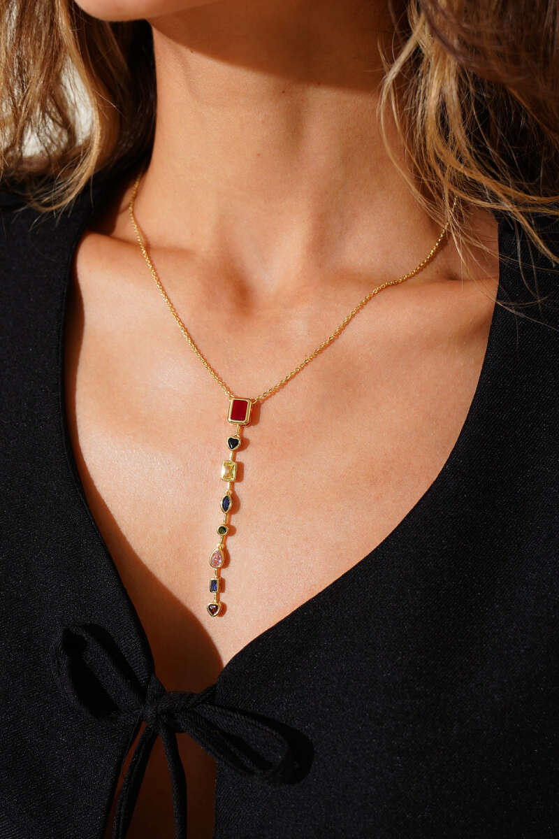 Rainbow Gemstone Drop Necklace – Stainless Steel