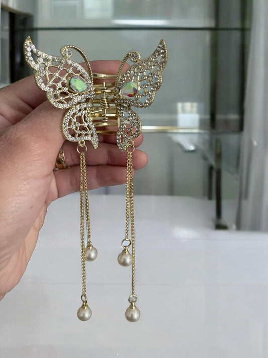 Rhinestone Butterfly Fringe Hair Claw Korean New Ponytail Braid Pearl Hair Clip Girl Crab Metal Headdress Gift