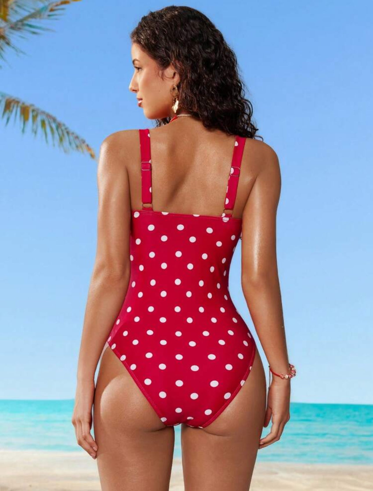 Swim Mod Women's Trending Red And White Polka Dot One-Piece Swimsuit,Ruffle Tummy Control Bathing Suit,Full Coverage Summer - M,L