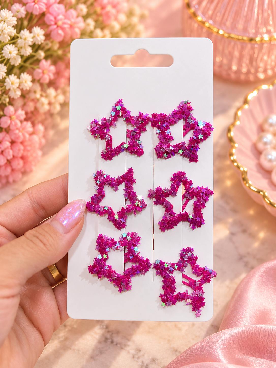 Girls’ Glitter Star Hair Clips – 6-Piece Set