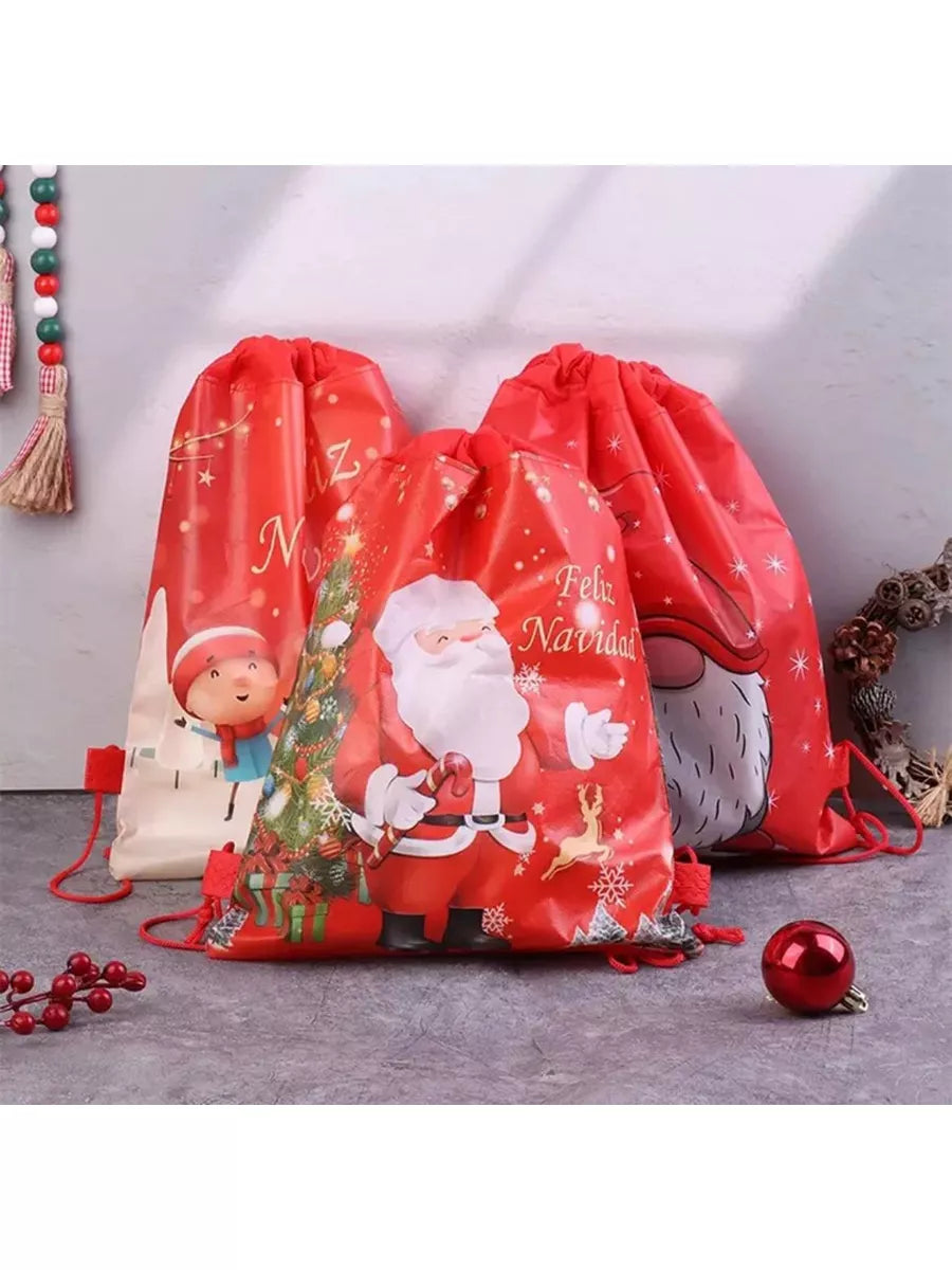 1Pcs Children's Backpack Non-woven Double-sided Santa Claus Drawstring Toy Storage Bag Birthday Party Christmas Gift Bag