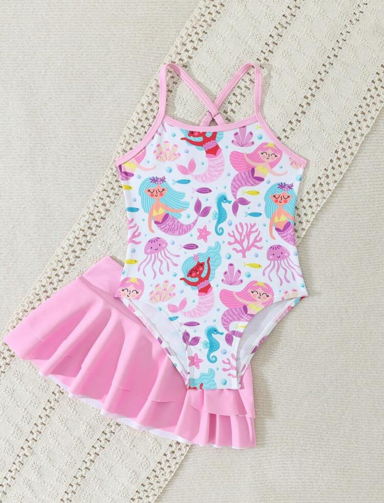 SHEIN Young Girl Mermaid Print One-Piece Swimsuit With Matching Cover-Up Skirt, Random Print - 4Y