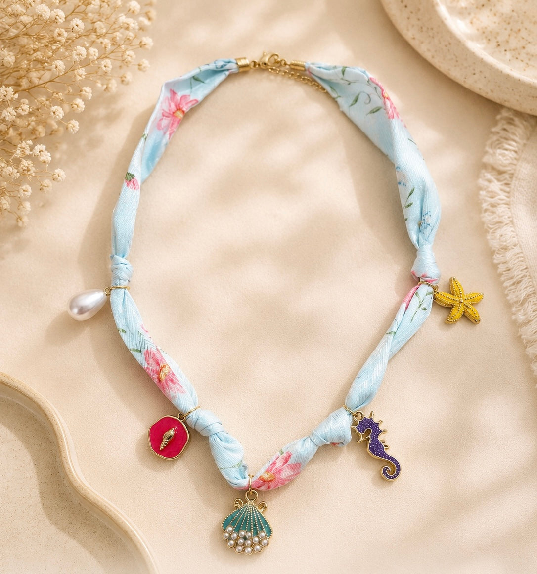Ocean Charm Floral Fabric Necklace – Handmade Summer Statement Necklace