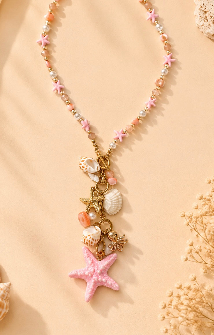 Beachy Seashell & Starfish Charm Necklace – Colorful Beaded Statement Necklace
