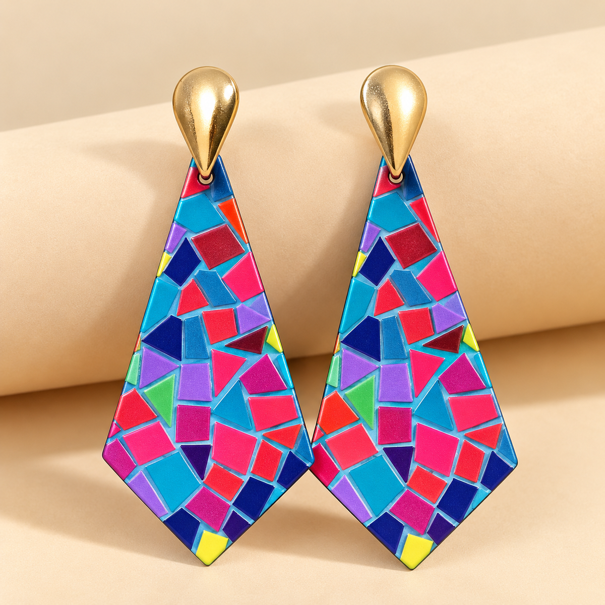 Colorful Geometric Mosaic Drop Earrings – Gold Tone - Color is Random