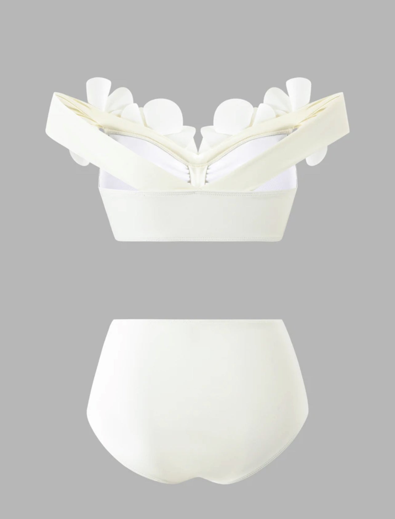 Bonvoyette Women's Summer Beach Vacation 3D Floral Decor One-Shoulder Bikini Set, Elegant White Three Pieces Swimwear Set