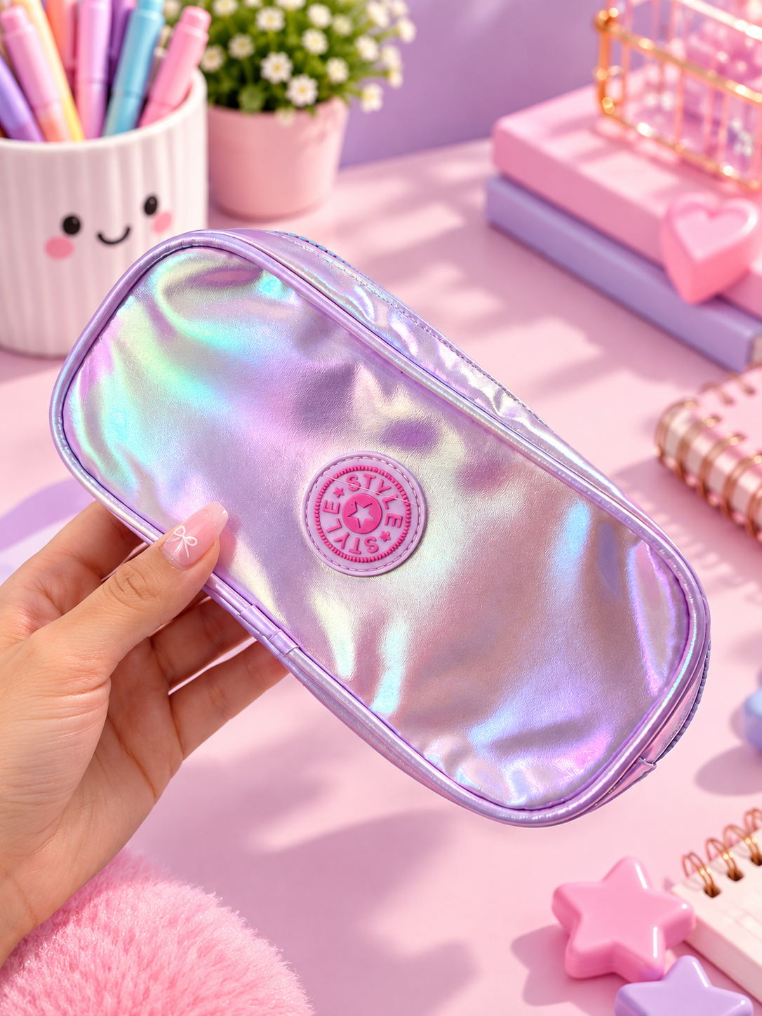 Holographic Double-Zip Pencil Case – Iridescent Pink & Blue