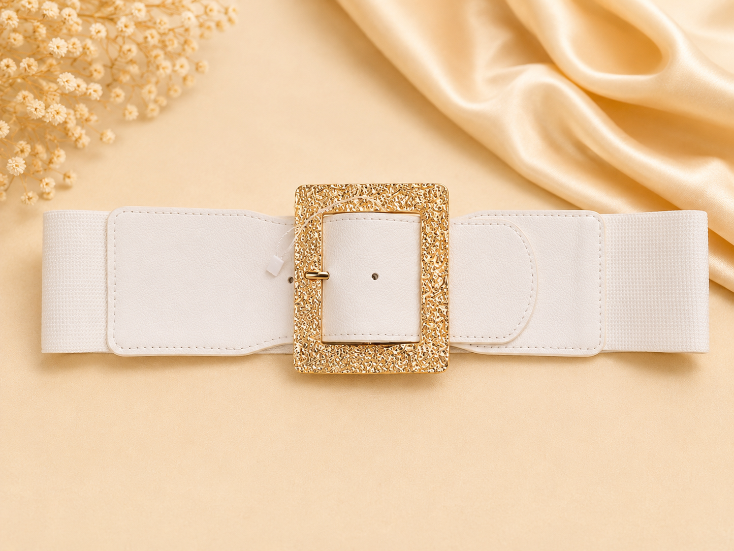 Wide White Elastic Waist Belt with Textured Gold Buckle