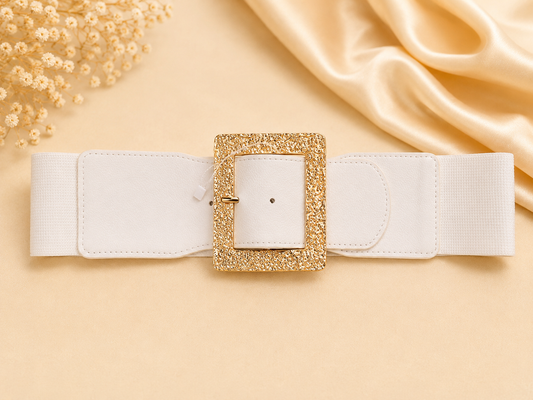 Wide White Elastic Waist Belt with Textured Gold Buckle