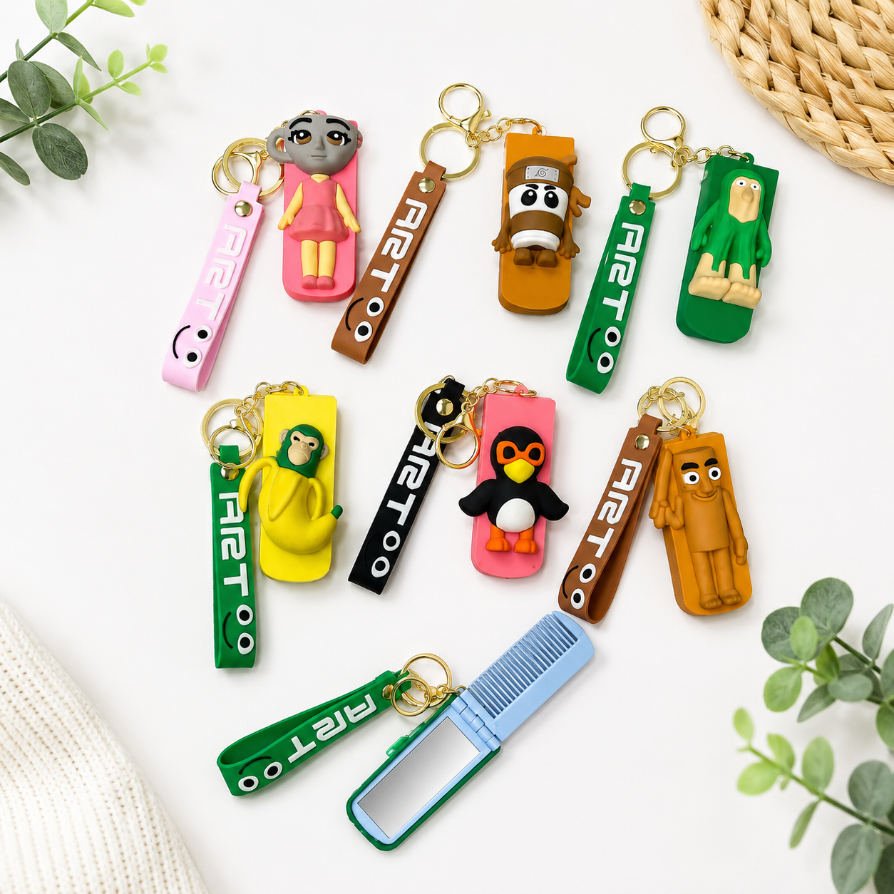 Cute Cartoon Character Keychain with Mini Comb & Mirror